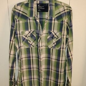 American Eagle Outfitters Green, Blue & White Plaid Shirt